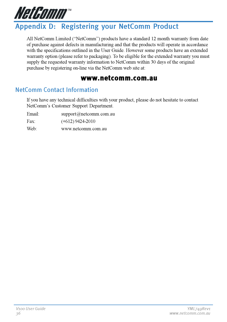 Appendix d: registering your netcomm product, Netcomm contact information | NetComm V100 User Manual | Page 36 / 40