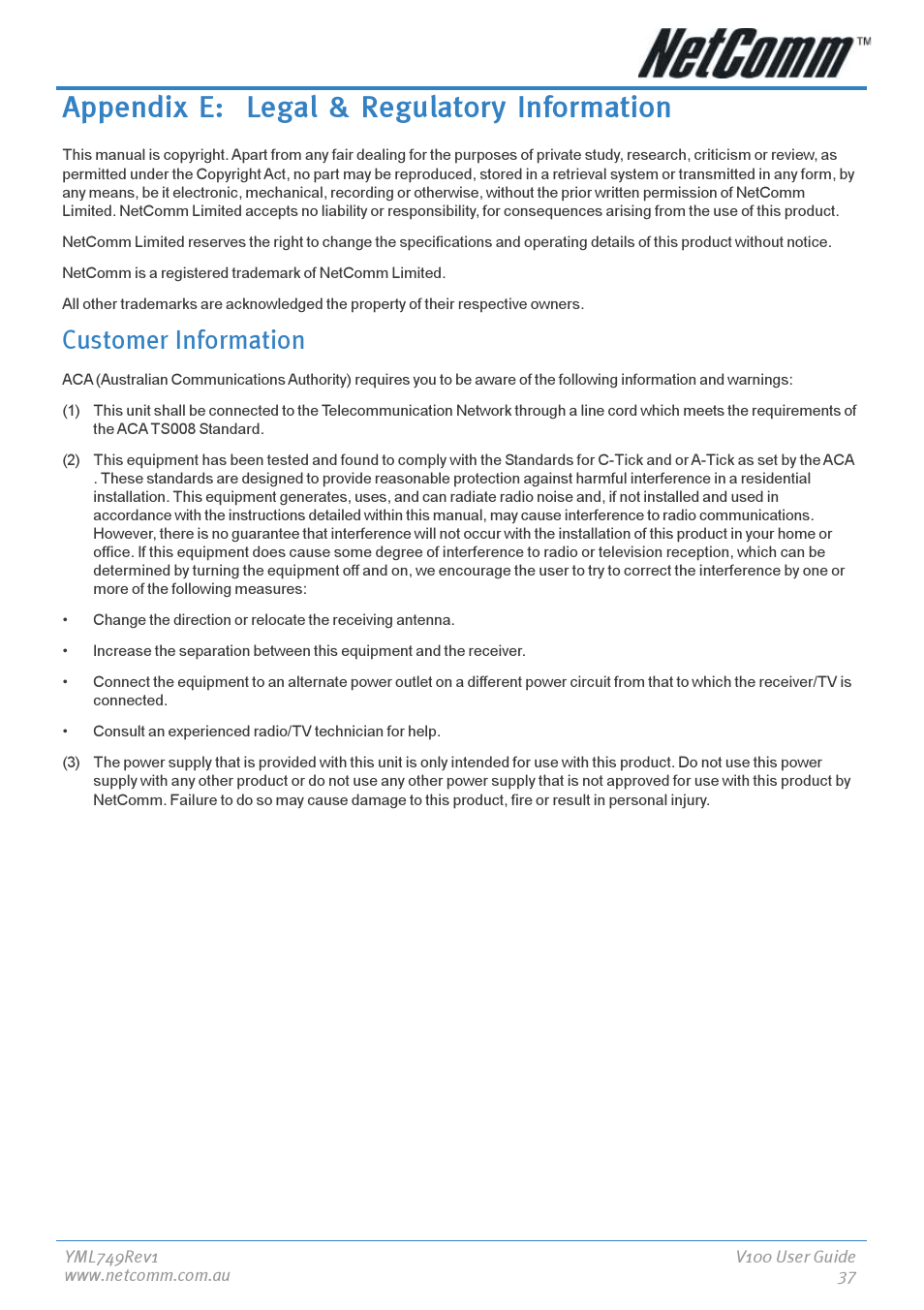 Appendix e: legal & regulatory information, Customer information | NetComm V100 User Manual | Page 37 / 40