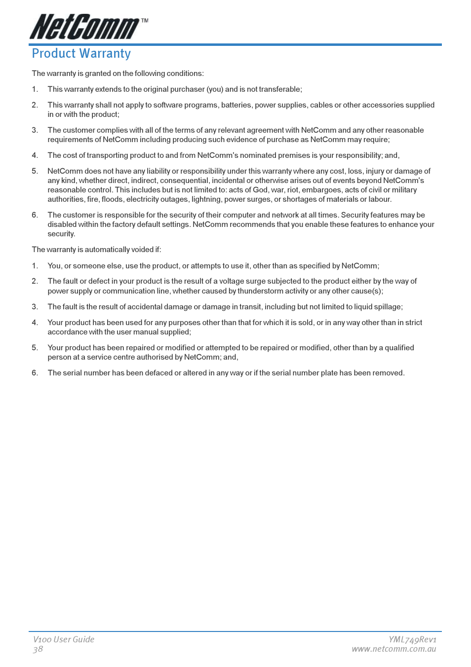 Product warranty | NetComm V100 User Manual | Page 38 / 40