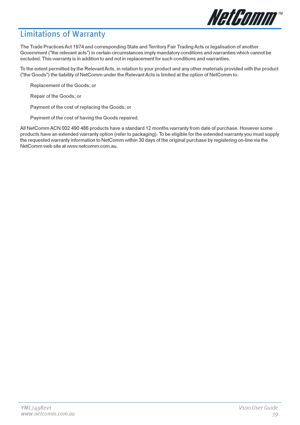 Limitations of warranty | NetComm V100 User Manual | Page 39 / 40