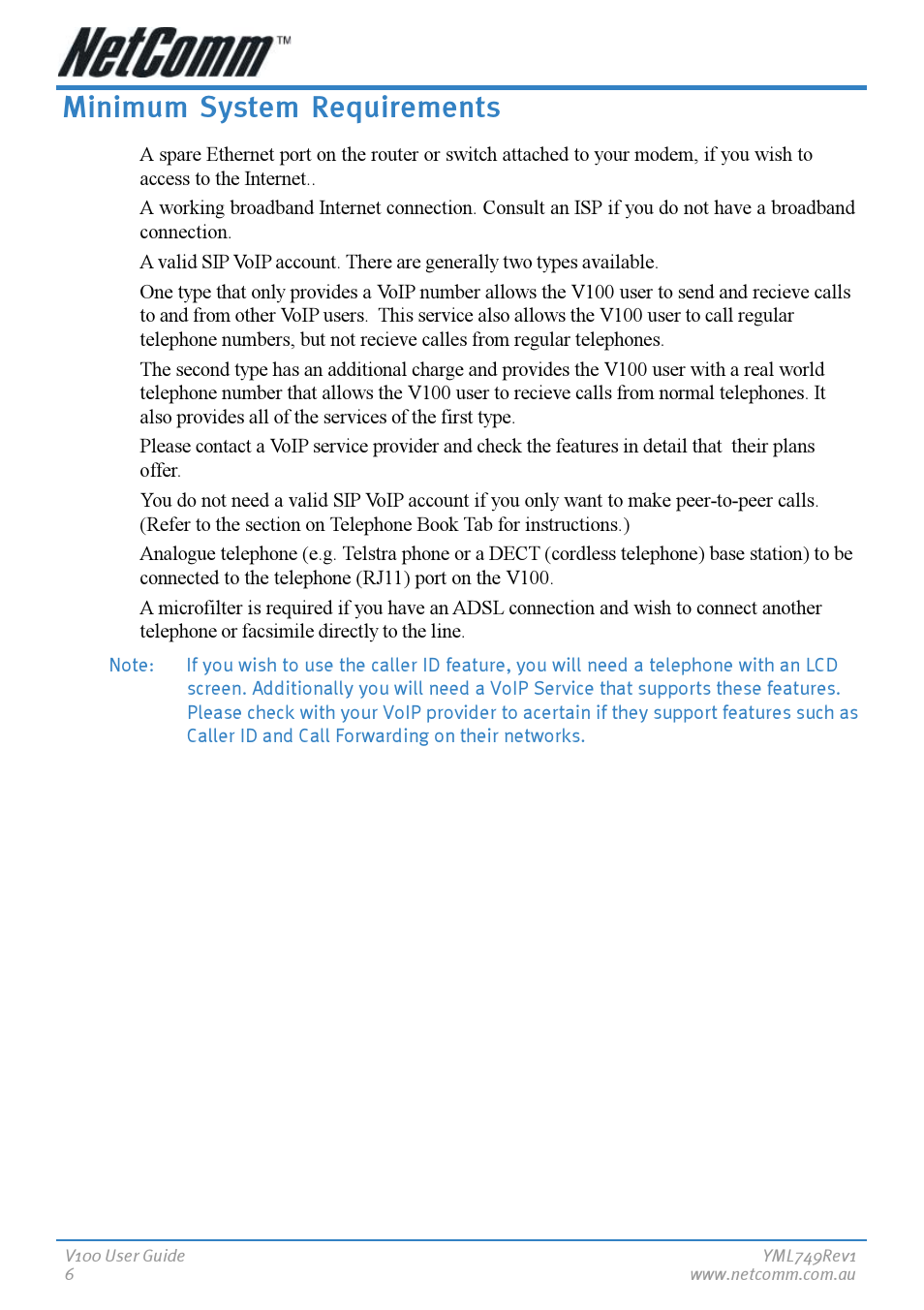 Minimum system requirements | NetComm V100 User Manual | Page 6 / 40