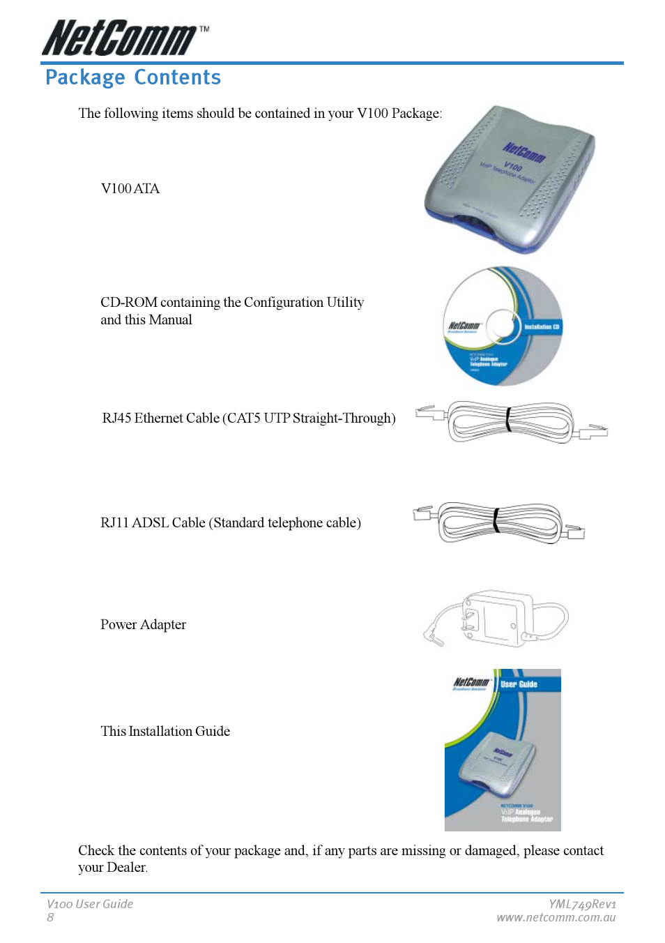 Package contents | NetComm V100 User Manual | Page 8 / 40
