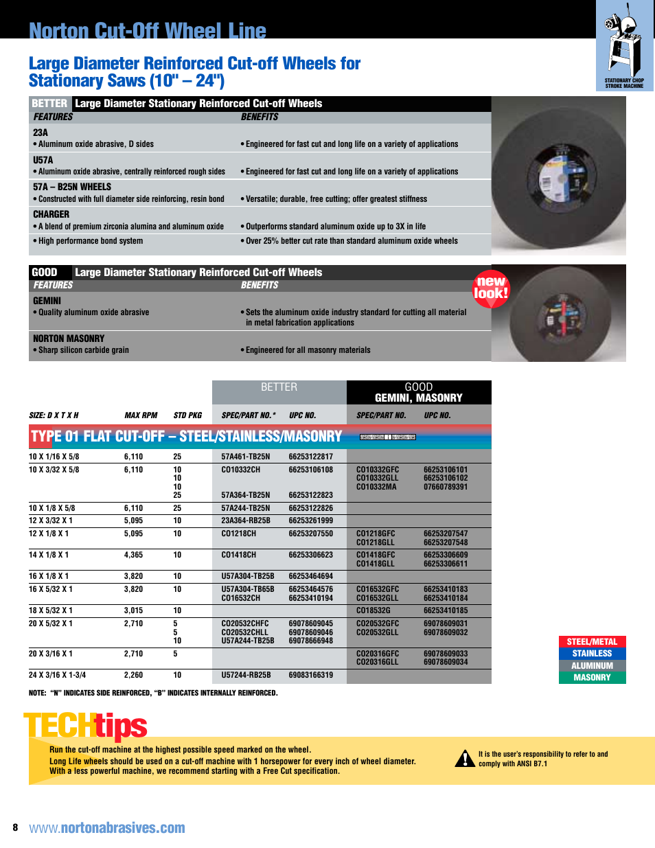 Tech tips, Norton cut-off wheel line, Type 01 flat cut-off – steel/stainless/masonry | New look | Norton Abrasives Cut-Off Wheels For Metal Fabrication User Manual | Page 8 / 12