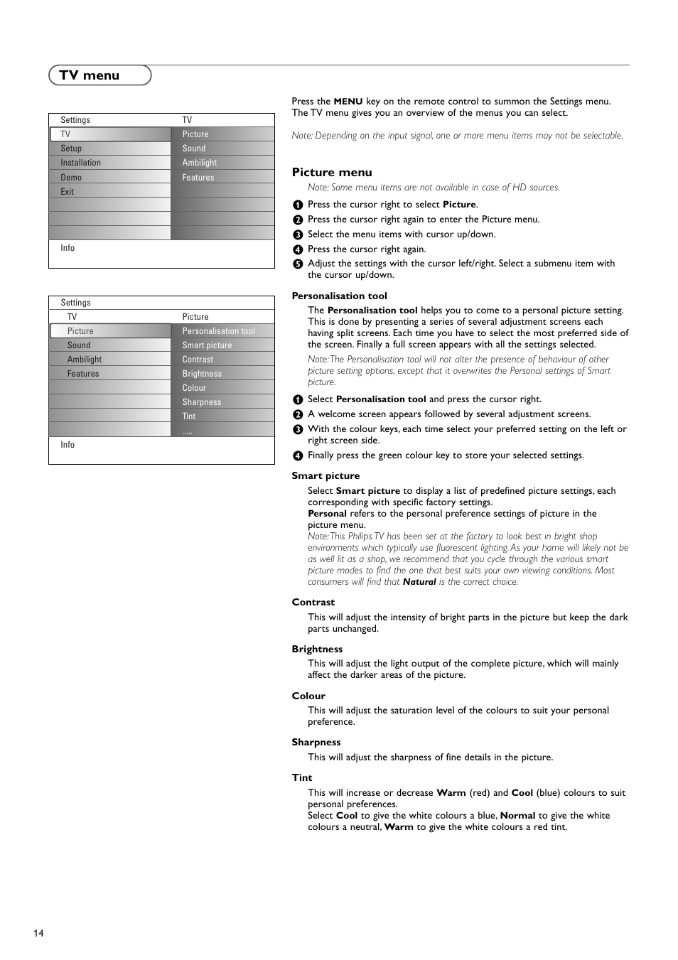 Tv menu, Picture menu | New Transducers 37PF9830/10 User Manual | Page 14 / 42