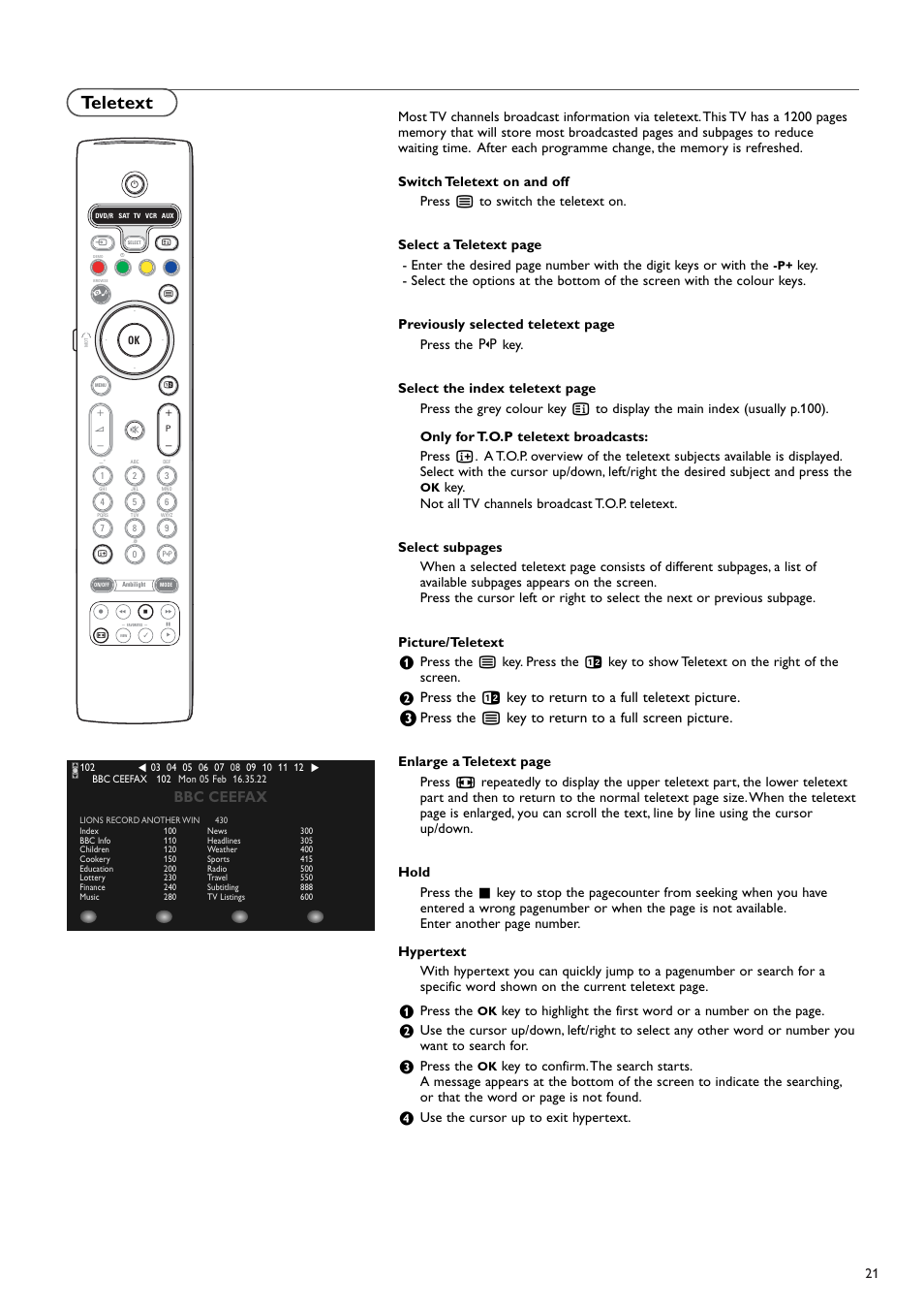 Teletext, Bbc ceefax, Press the | Use the cursor up to exit hypertext | New Transducers 37PF9830/10 User Manual | Page 21 / 42