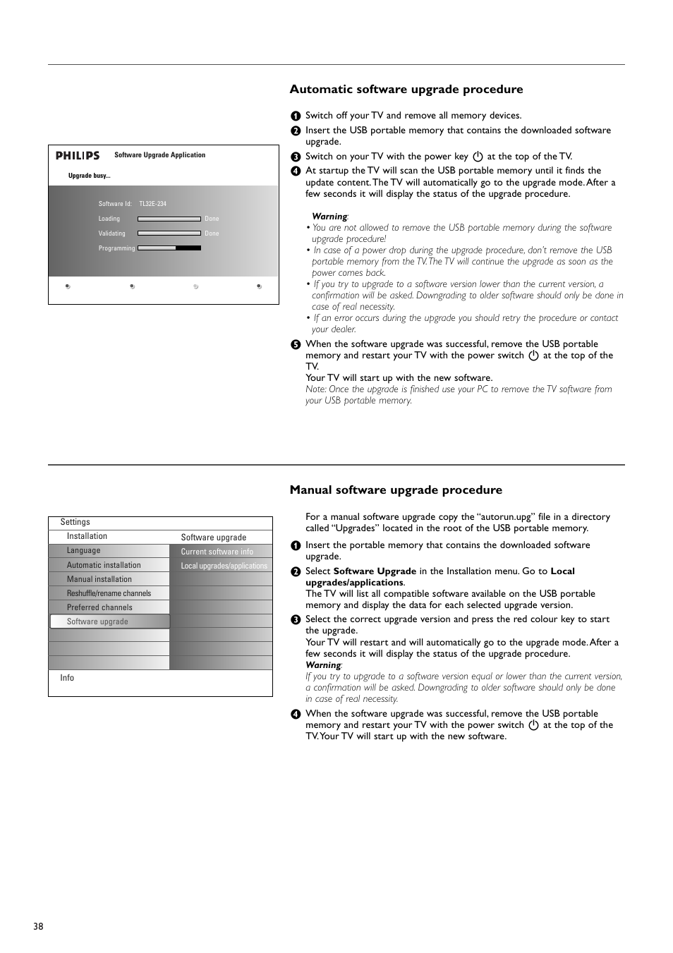 Manual software upgrade procedure, Automatic software upgrade procedure | New Transducers 37PF9830/10 User Manual | Page 38 / 42