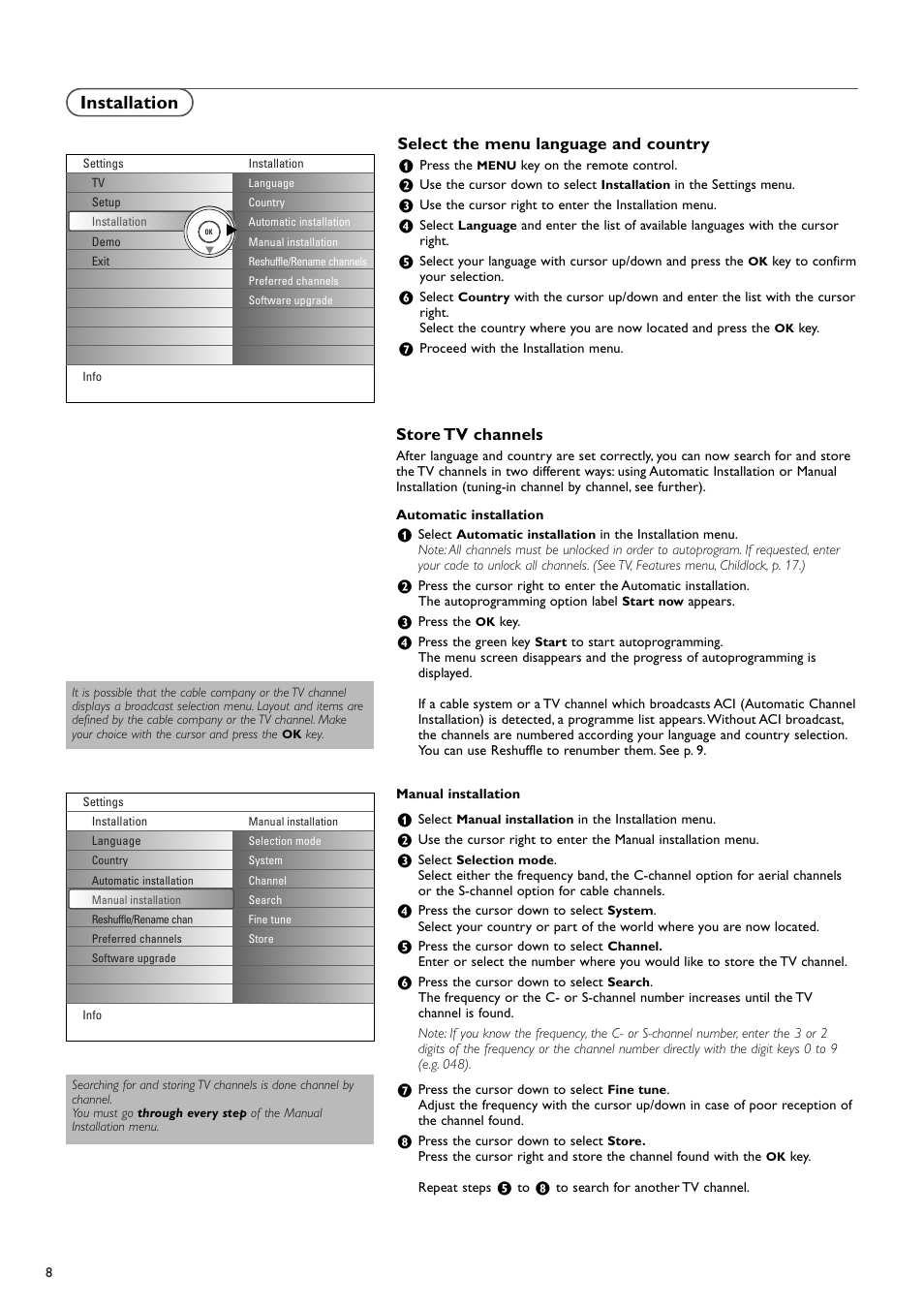 Installation, Store tv channels, Select the menu language and country | New Transducers 37PF9830/10 User Manual | Page 8 / 42