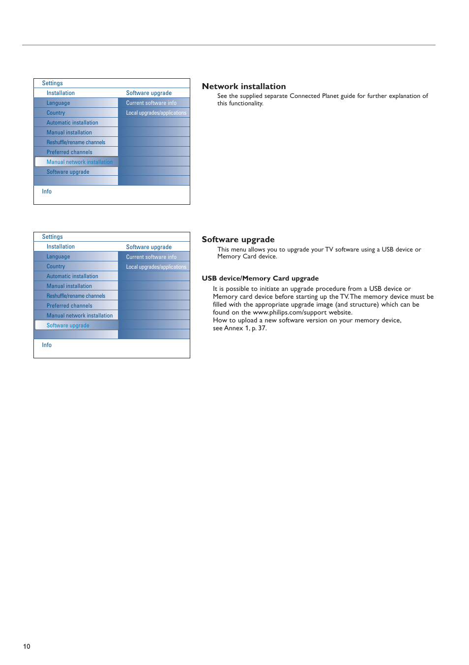 Network installation, Software upgrade | New Transducers 42PF9830/10 User Manual | Page 10 / 63