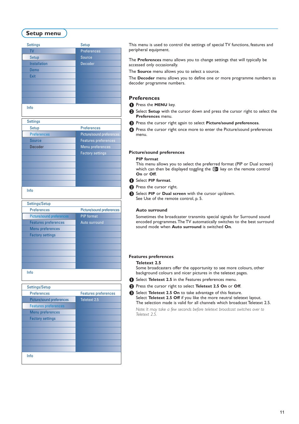 Setup menu, Preferences | New Transducers 42PF9830/10 User Manual | Page 11 / 63