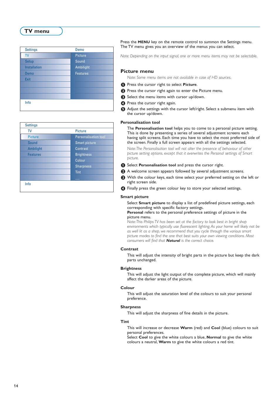 Tv menu, Picture menu | New Transducers 42PF9830/10 User Manual | Page 14 / 63