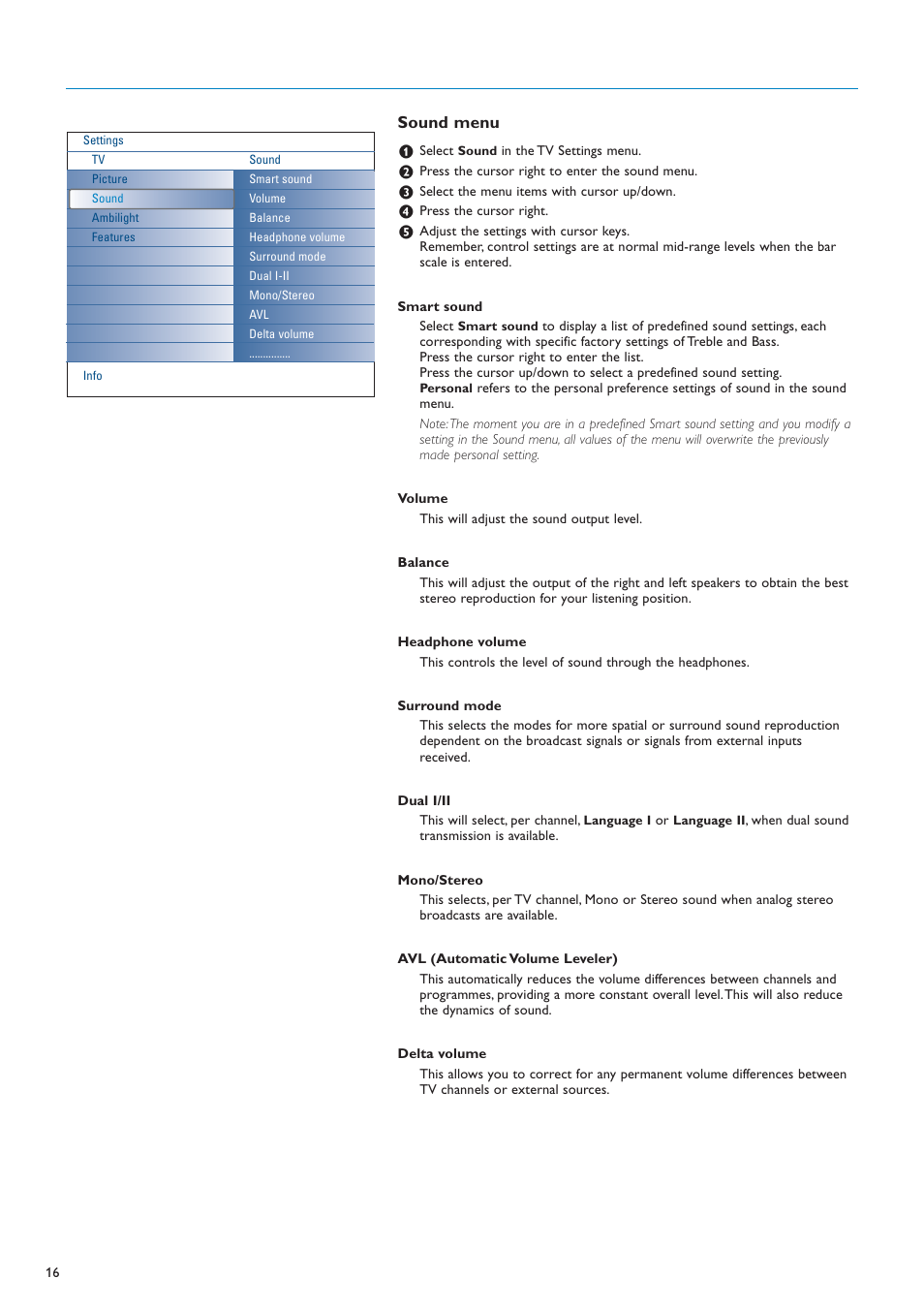 Sound menu | New Transducers 42PF9830/10 User Manual | Page 16 / 63