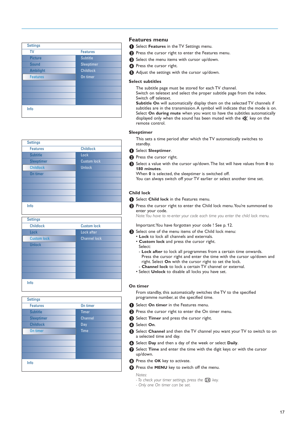 Features menu | New Transducers 42PF9830/10 User Manual | Page 17 / 63