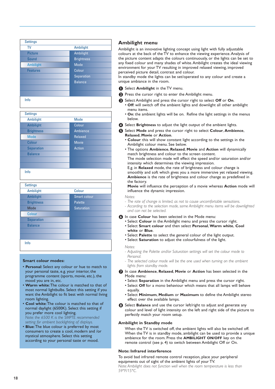 Ambilight menu | New Transducers 42PF9830/10 User Manual | Page 18 / 63