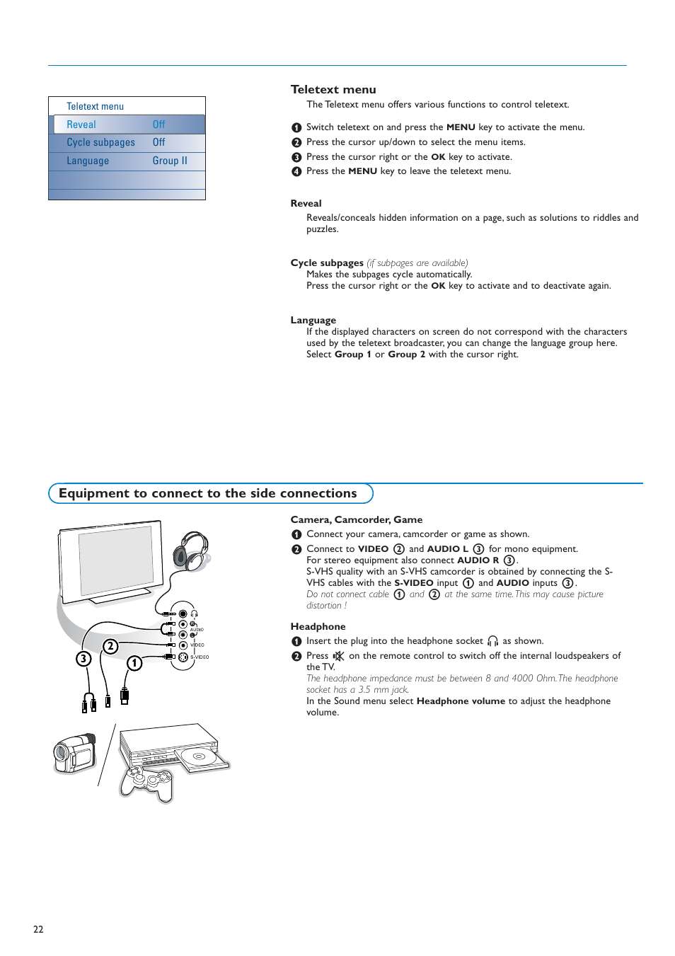 Equipment to connect to the side connections | New Transducers 42PF9830/10 User Manual | Page 22 / 63