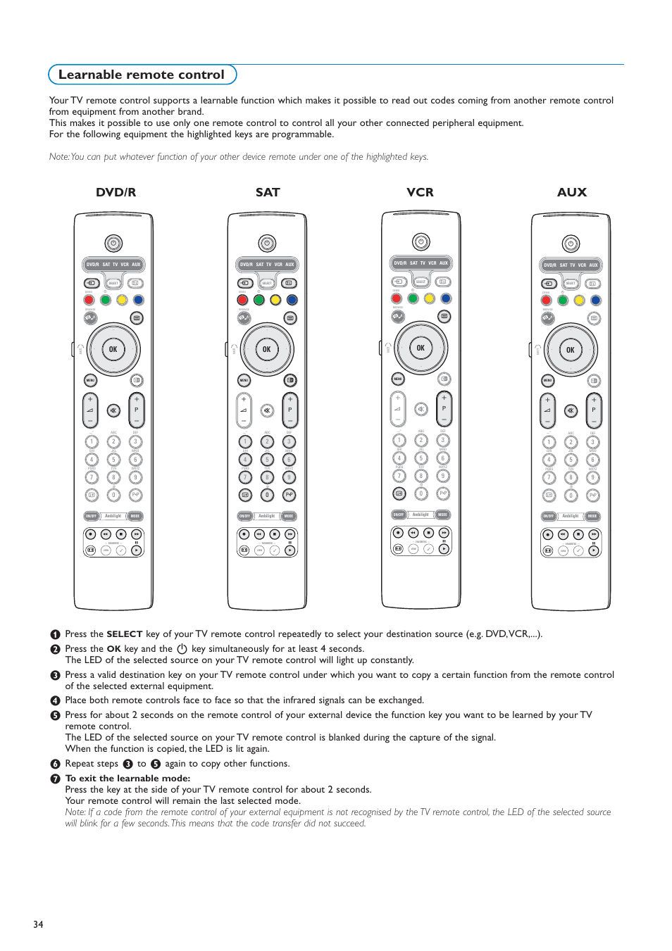 Learnable remote control, Dvd/r sat vcr aux, Press the | Repeat steps, Again to copy other functions, Select | New Transducers 42PF9830/10 User Manual | Page 34 / 63