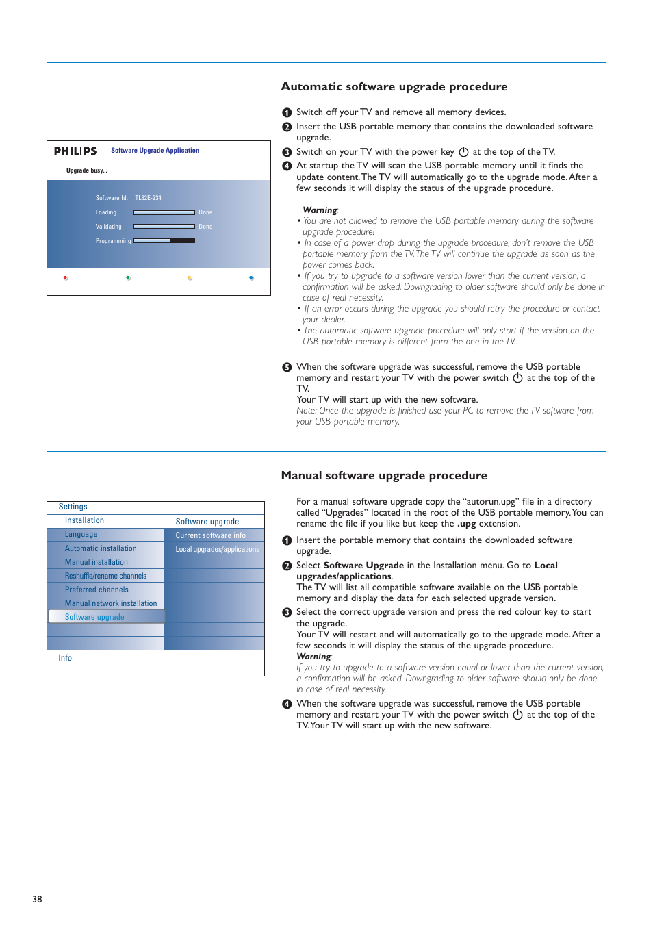 Manual software upgrade procedure, Automatic software upgrade procedure | New Transducers 42PF9830/10 User Manual | Page 38 / 63