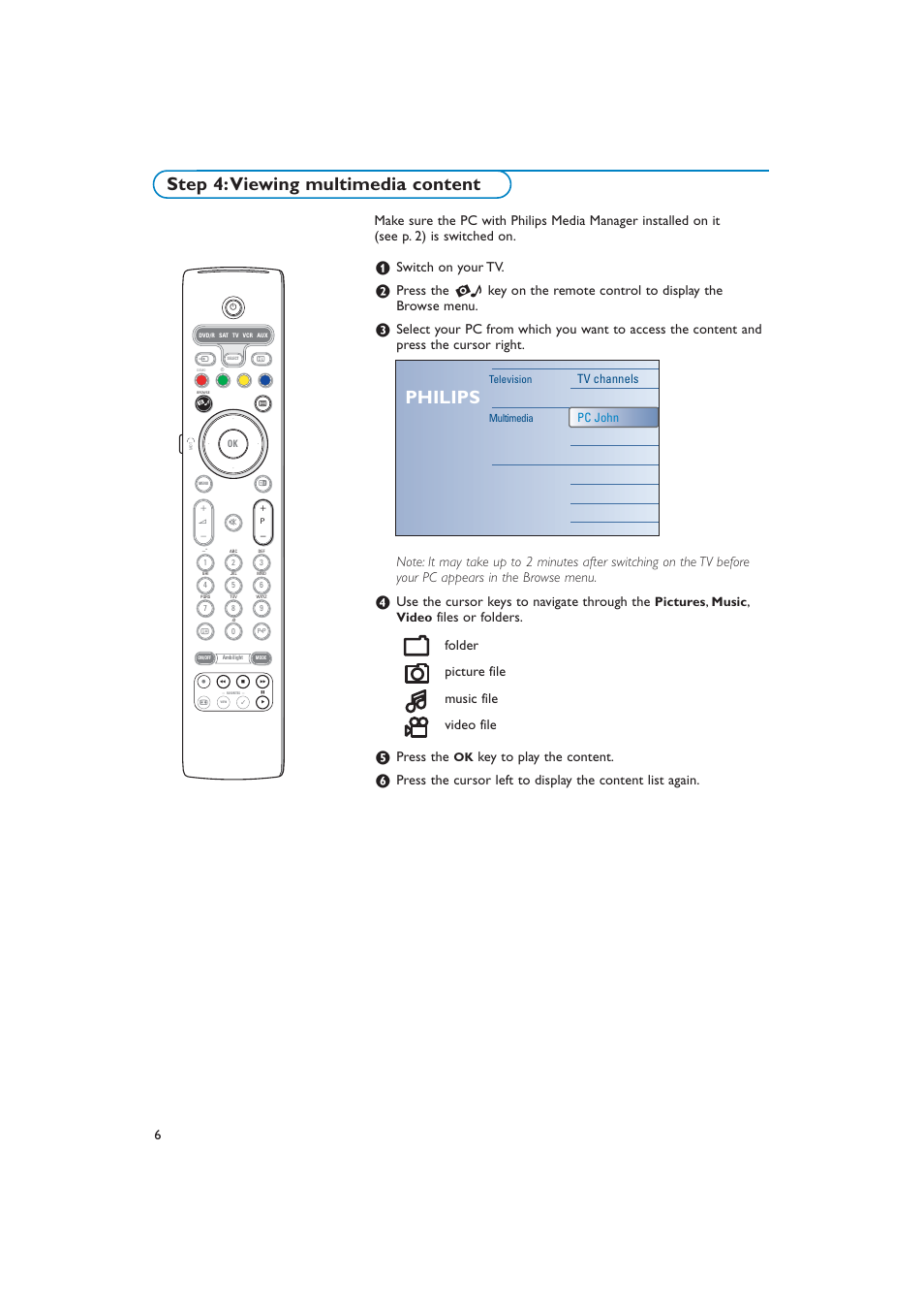 Step 4:viewing multimedia content, Philips, Switch on your tv | Use the cursor keys to navigate through the, Files or folders, Press the, Key to play the content, Folder picture file music file video file, Pictures, Music | New Transducers 42PF9830/10 User Manual | Page 48 / 63
