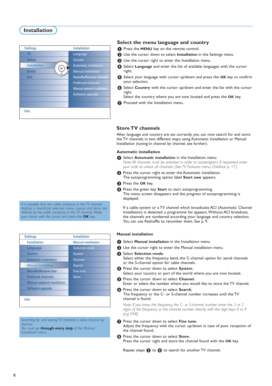 Installation, Store tv channels, Select the menu language and country | New Transducers 42PF9830/10 User Manual | Page 8 / 63