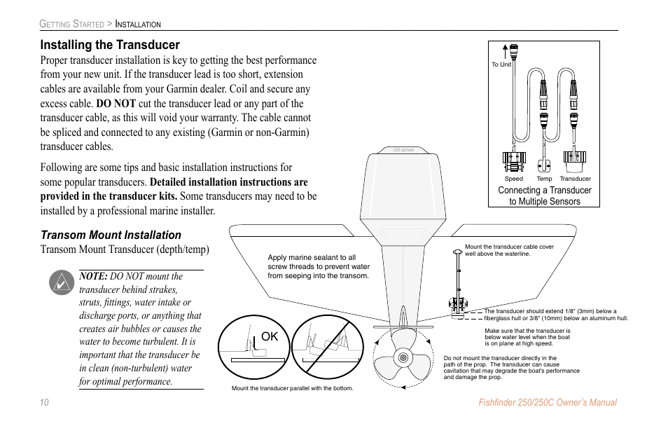 Installing the transducer, Transom mount installation | New Transducers 250C User Manual | Page 14 / 46