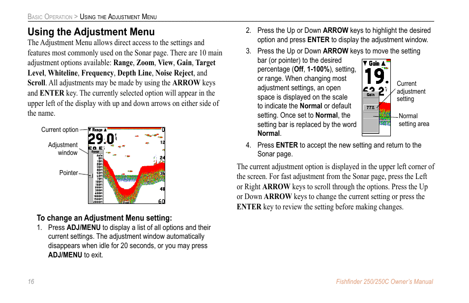 Using the adjustment menu | New Transducers 250C User Manual | Page 20 / 46