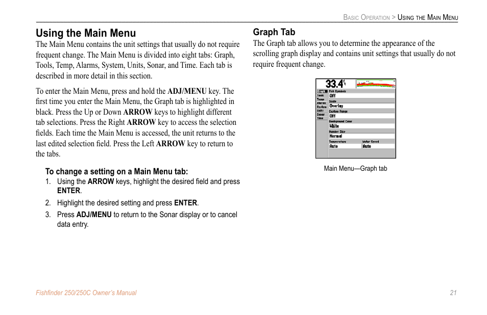 Using the main menu, Graph tab | New Transducers 250C User Manual | Page 25 / 46