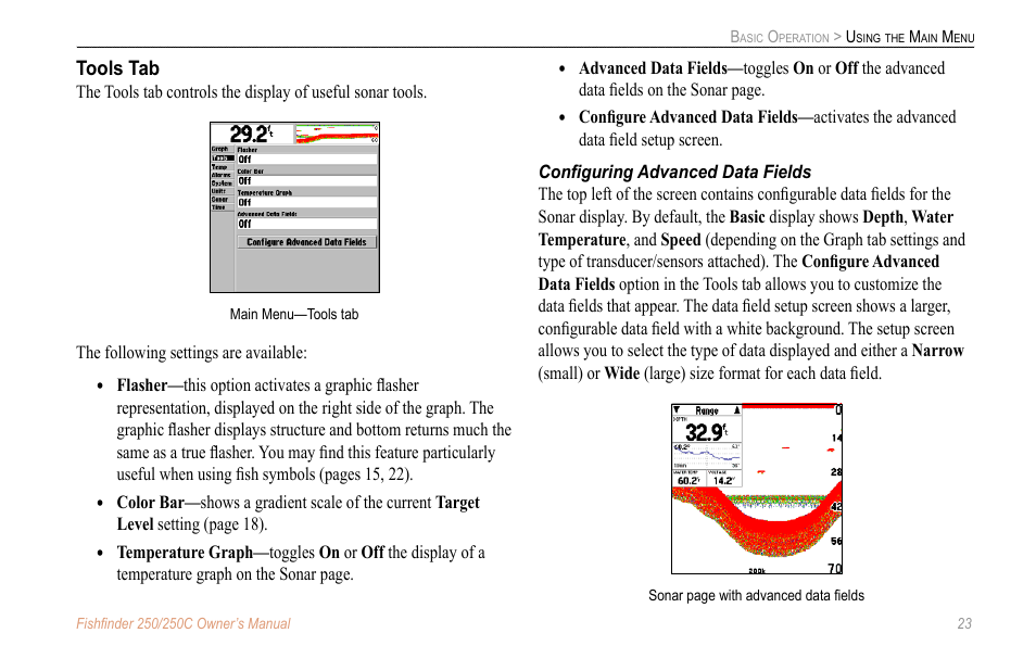 Tools tab, Configuring advanced data fields, Conﬁguring advanced data fields | New Transducers 250C User Manual | Page 27 / 46