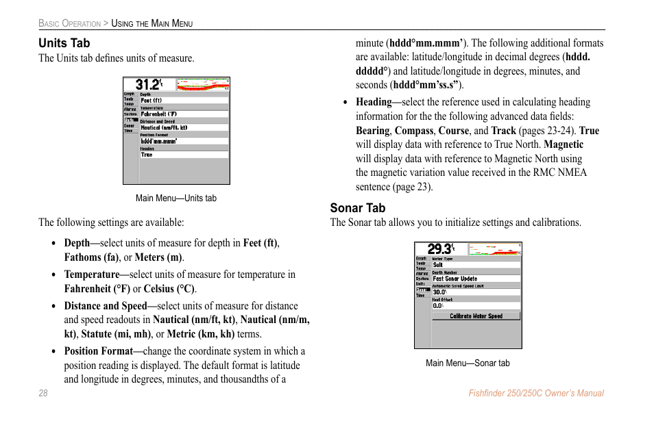 Units tab, Sonar tab | New Transducers 250C User Manual | Page 32 / 46