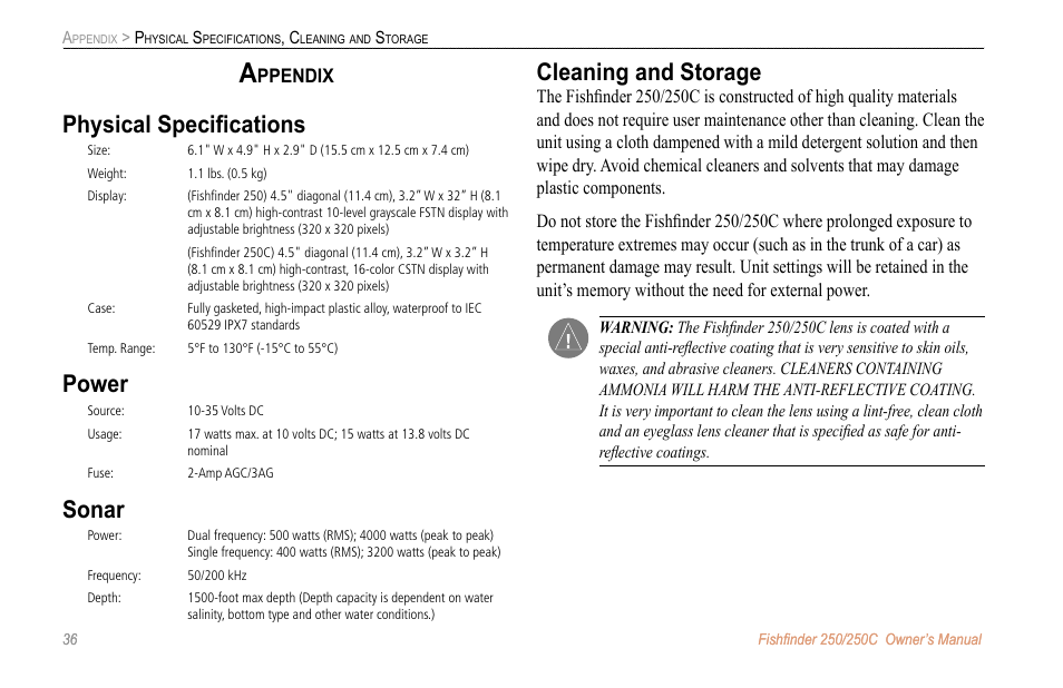 Appendix, Physical specifications, Power | Sonar, Cleaning and storage, Physical speciﬁcations, Ppendix | New Transducers 250C User Manual | Page 40 / 46