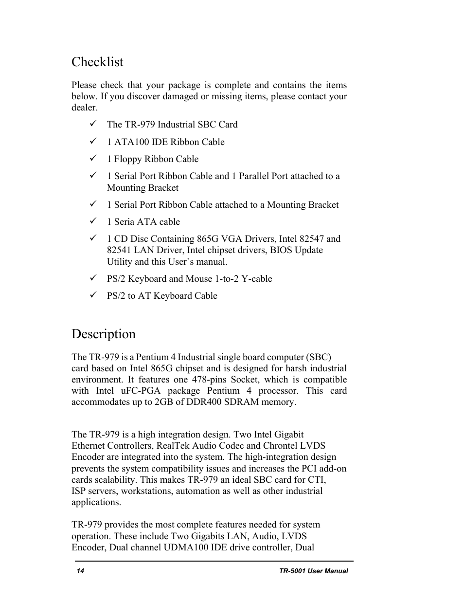 Checklist, Description | New Transducers TR-5001 User Manual | Page 18 / 105