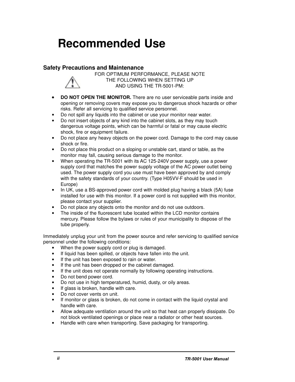 Recommended use | New Transducers TR-5001 User Manual | Page 4 / 105