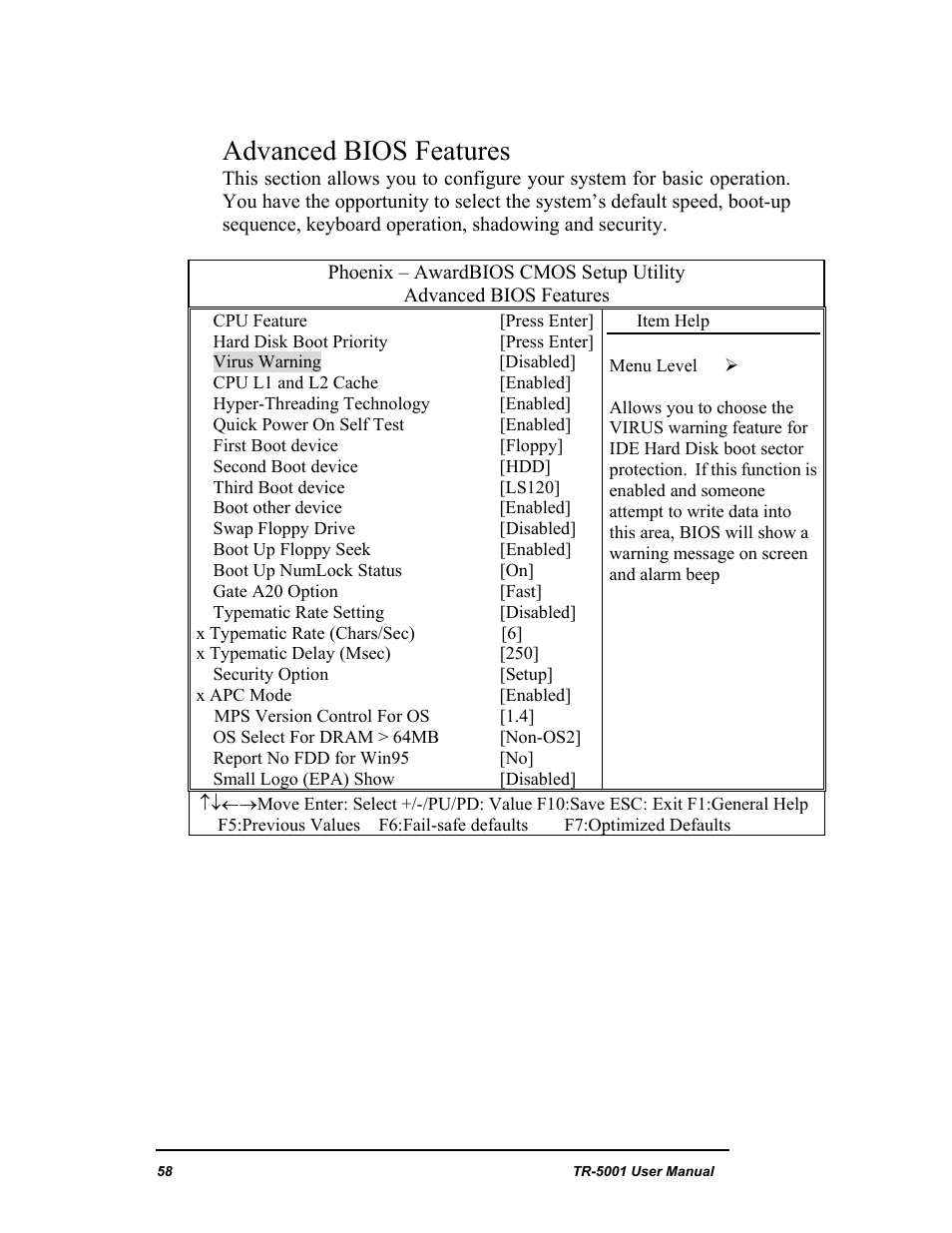 Advanced bios features | New Transducers TR-5001 User Manual | Page 62 / 105