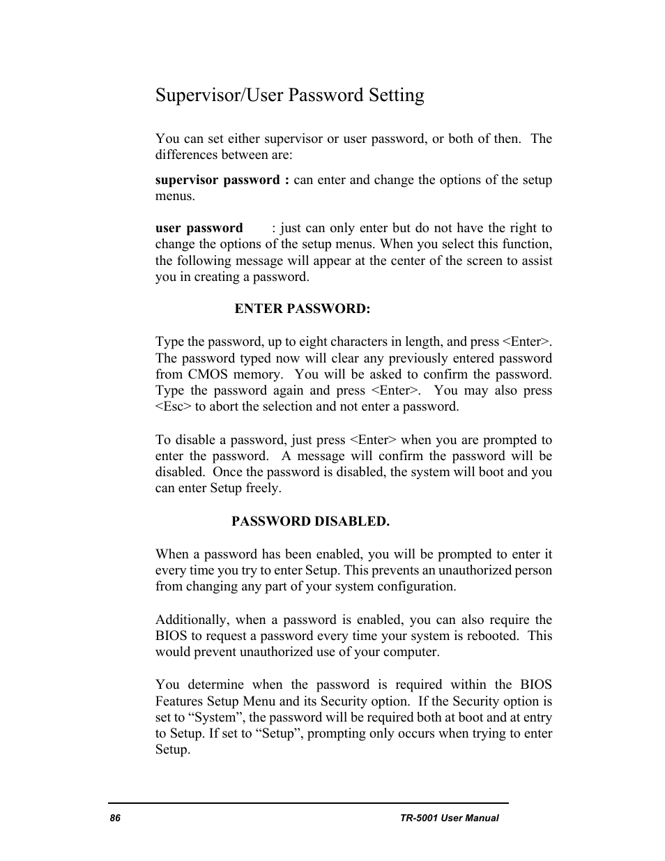 Supervisor/user password setting | New Transducers TR-5001 User Manual | Page 90 / 105