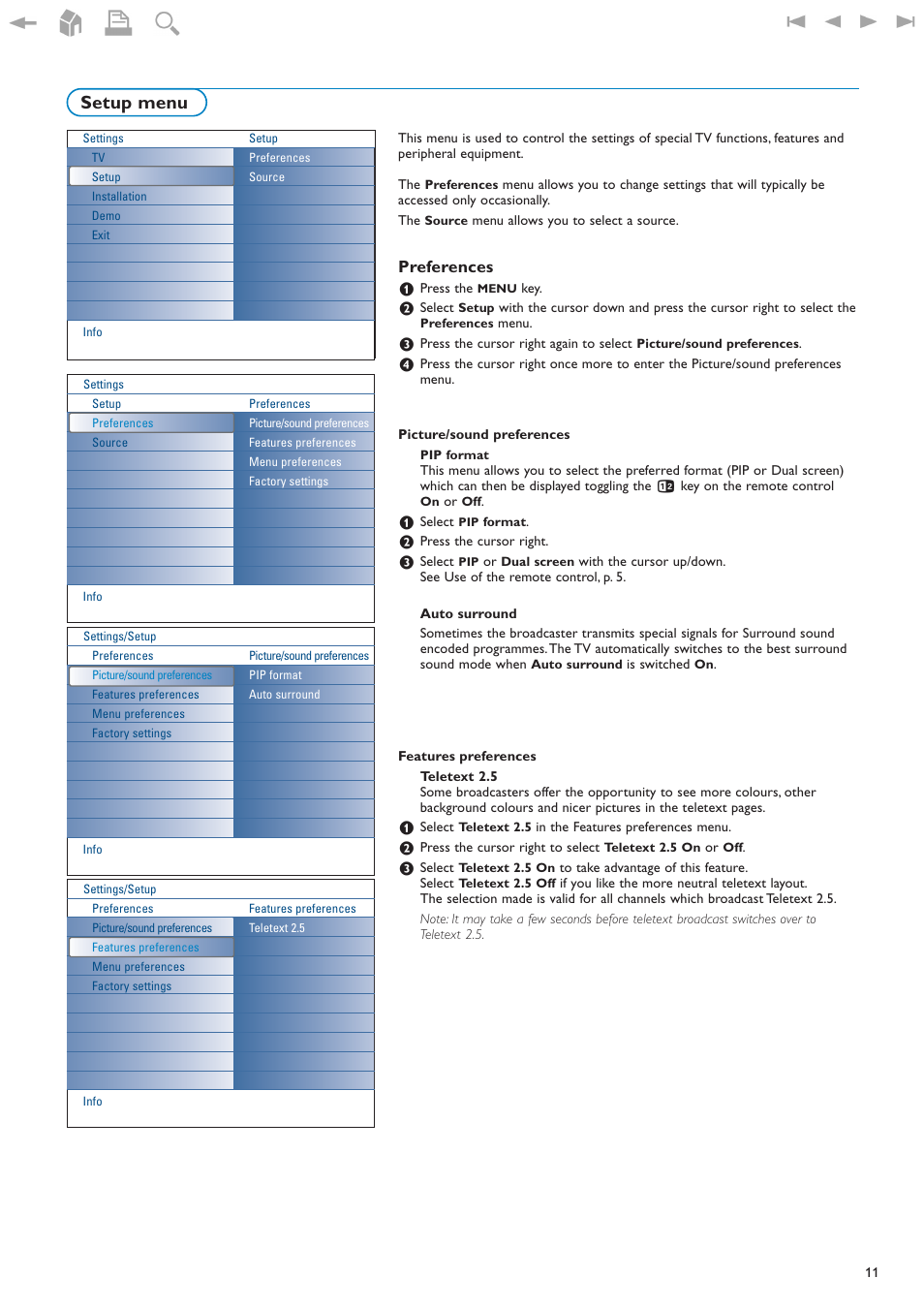 Preferences, Setup menu | New Transducers 42PF9830/93 User Manual | Page 11 / 42