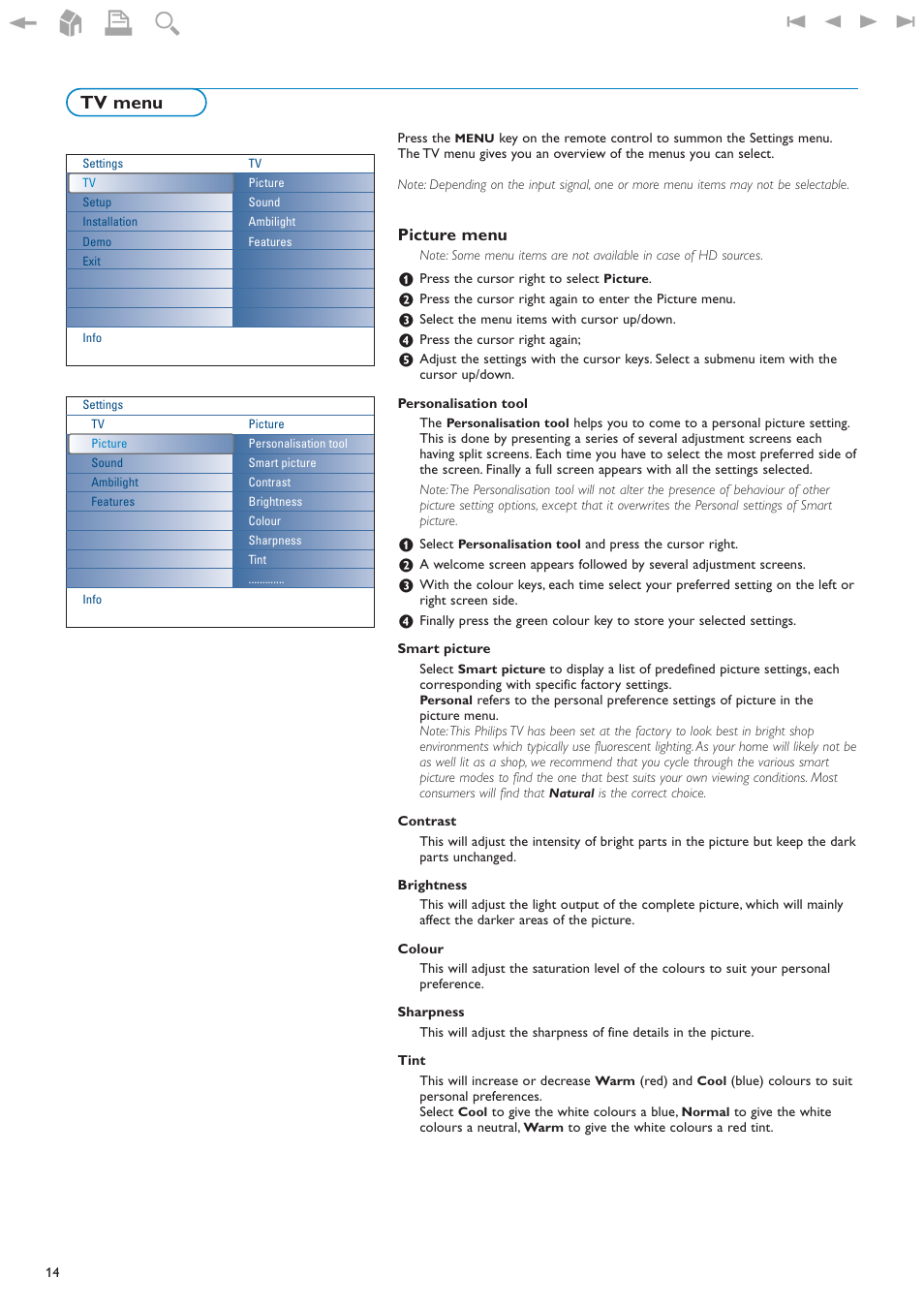 Picture menu, Tv menu | New Transducers 42PF9830/93 User Manual | Page 14 / 42
