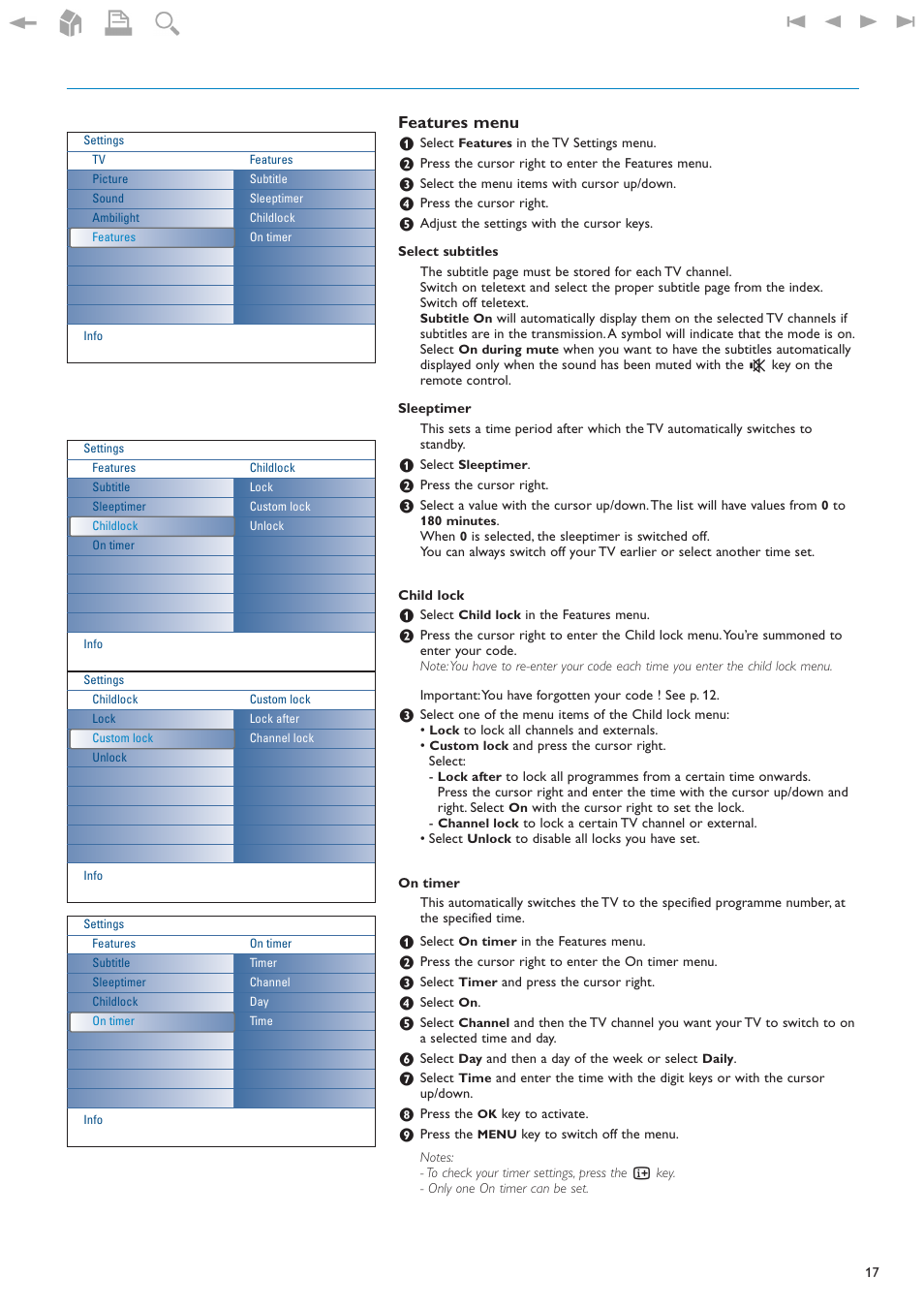 Features menu | New Transducers 42PF9830/93 User Manual | Page 17 / 42