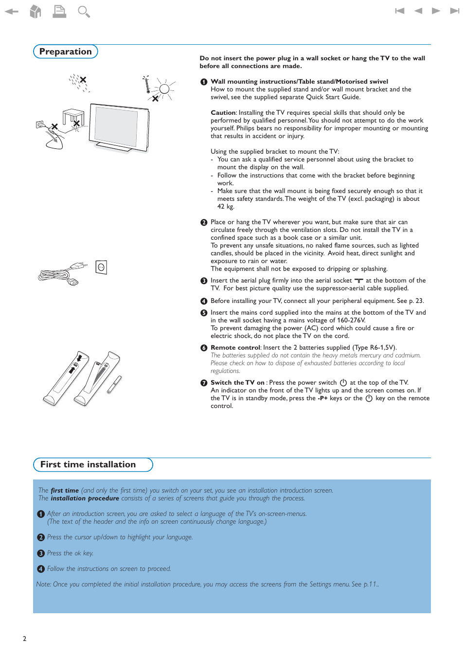 Preparation first time installation, Preparation, First time installation | New Transducers 42PF9830/93 User Manual | Page 2 / 42
