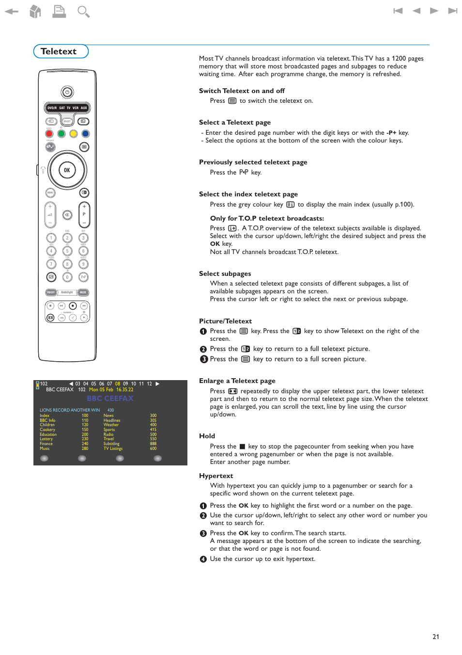 Teletext, Bbc ceefax, Press the | Use the cursor up to exit hypertext | New Transducers 42PF9830/93 User Manual | Page 21 / 42