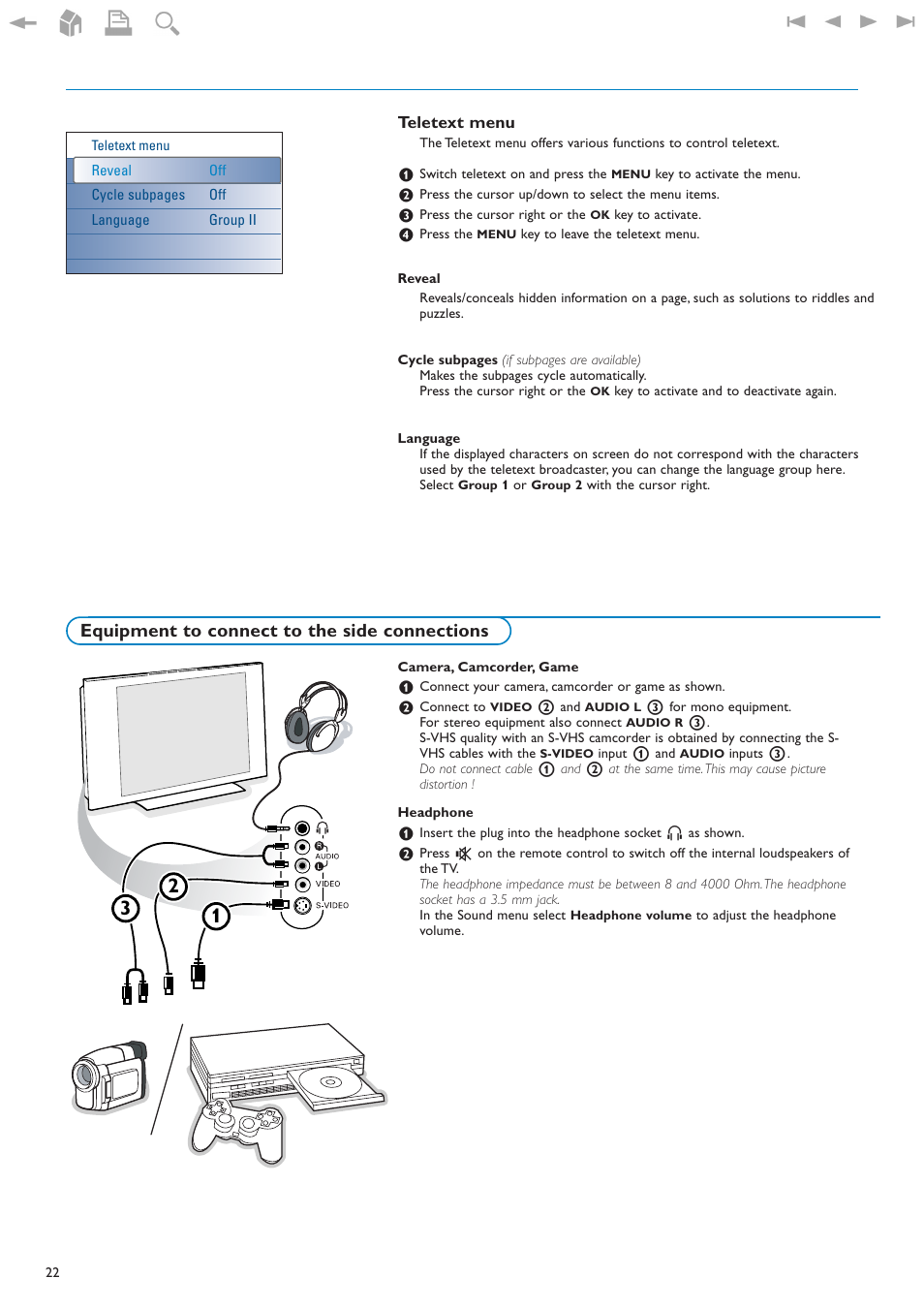 Teletext menu, Equipment to connect to the side connections | New Transducers 42PF9830/93 User Manual | Page 22 / 42