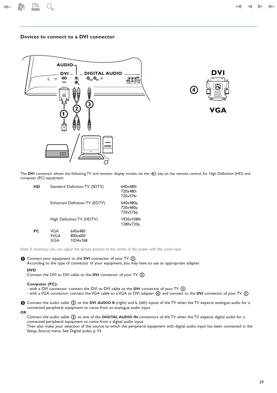 Devices to connect to a dvi connector, Dvi vga | New Transducers 42PF9830/93 User Manual | Page 29 / 42
