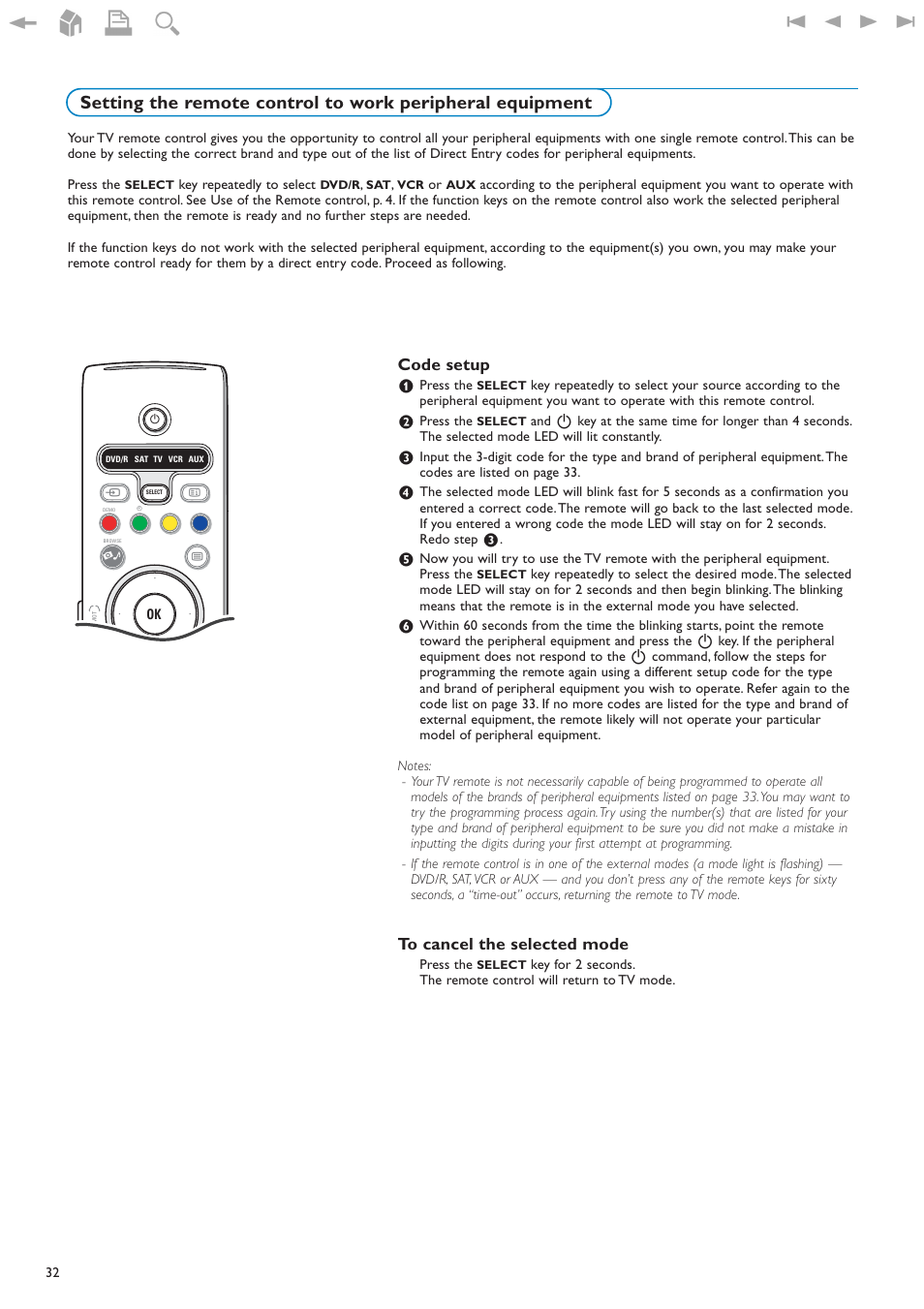 Code setup to cancel the selected mode, Code setup | New Transducers 42PF9830/93 User Manual | Page 32 / 42