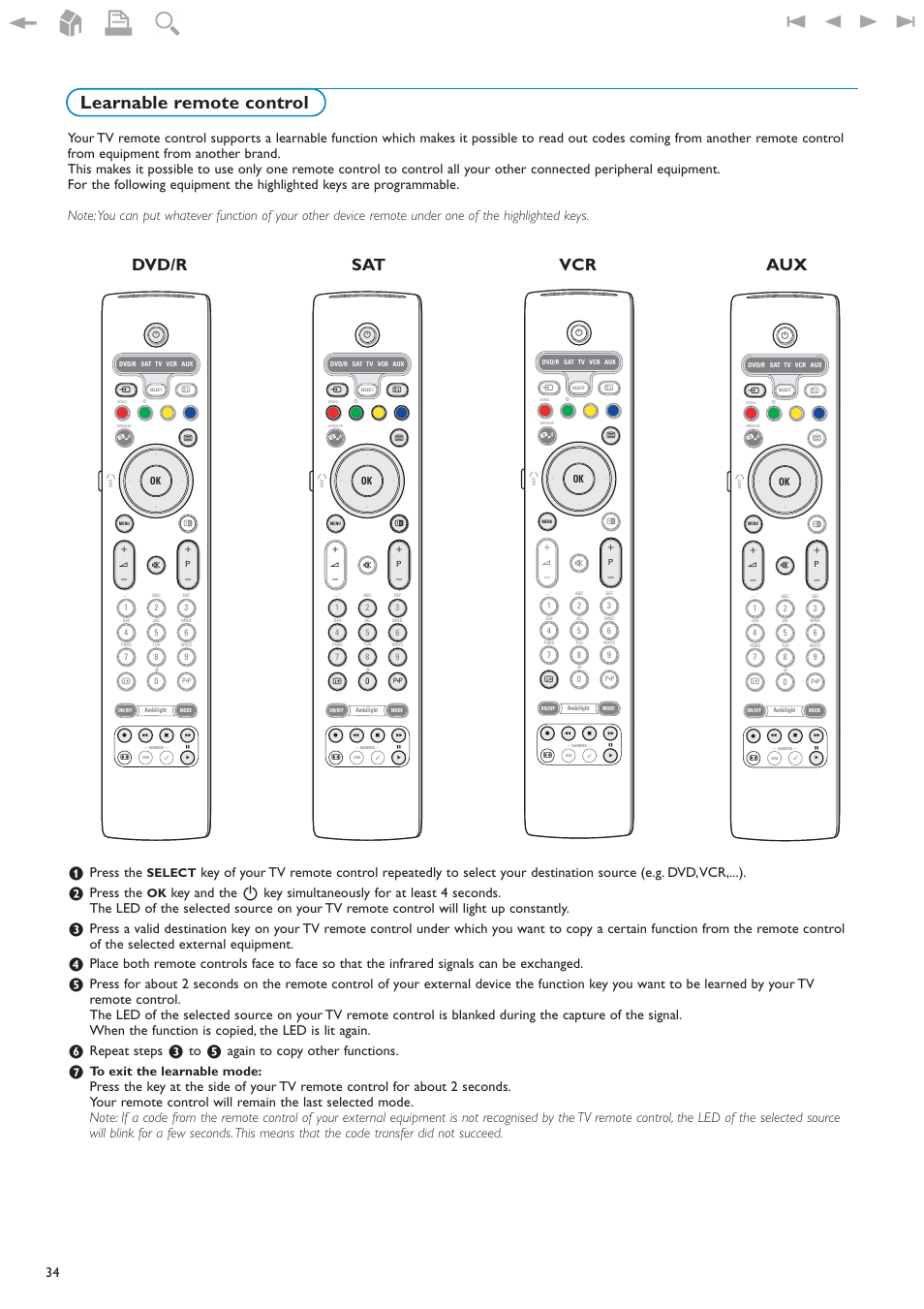 Learnable remote control, Dvd/r sat vcr aux, Press the | Repeat steps, Again to copy other functions, Select | New Transducers 42PF9830/93 User Manual | Page 34 / 42
