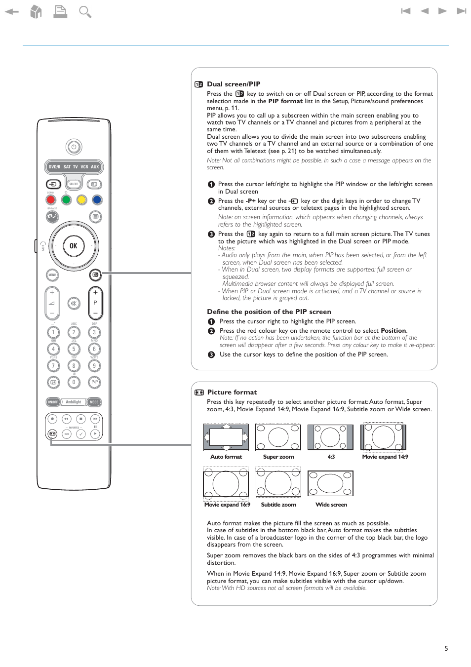 Q picture format, B dual screen/pip | New Transducers 42PF9830/93 User Manual | Page 5 / 42