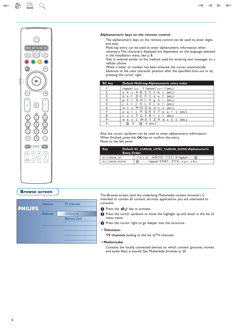 Browse screen, Press the = key to activate, Key to confirm the entry. move to the left panel | New Transducers 42PF9830/93 User Manual | Page 6 / 42