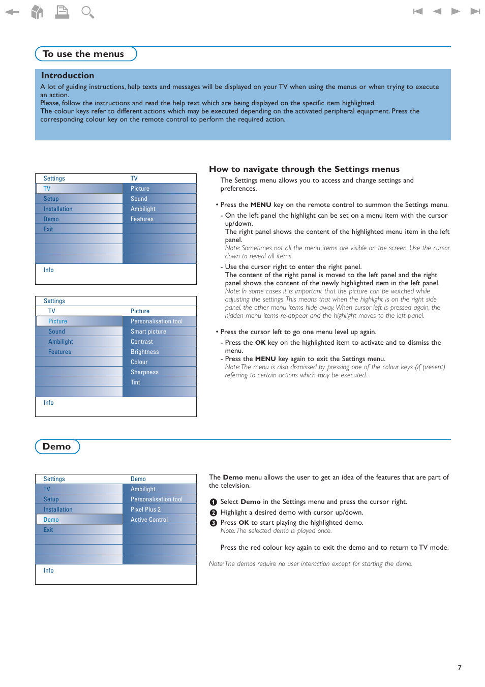 To use the menus, Demo, How to navigate through the settings menus | Introduction | New Transducers 42PF9830/93 User Manual | Page 7 / 42