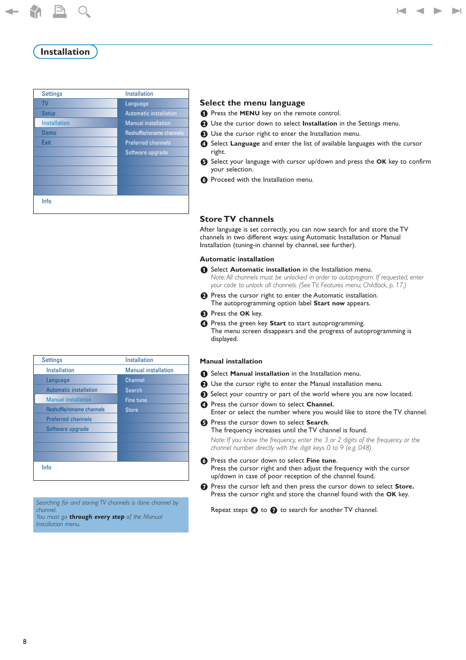 Select the menu language store tv channels, Installation, Select the menu language | Store tv channels | New Transducers 42PF9830/93 User Manual | Page 8 / 42