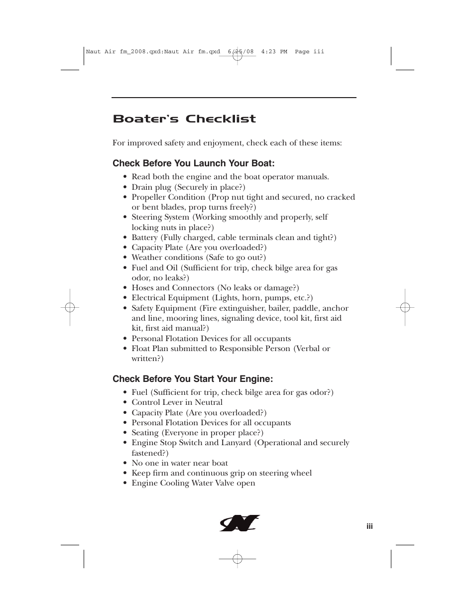 Boater’s checklist | Nautique aire crossover User Manual | Page 3 / 200