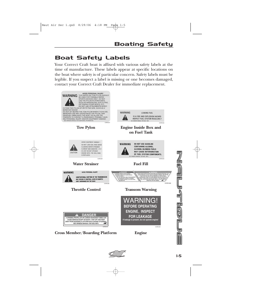 Warning, Boat safety labels, Boating safety | Nautique 220 User Manual | Page 16 / 198