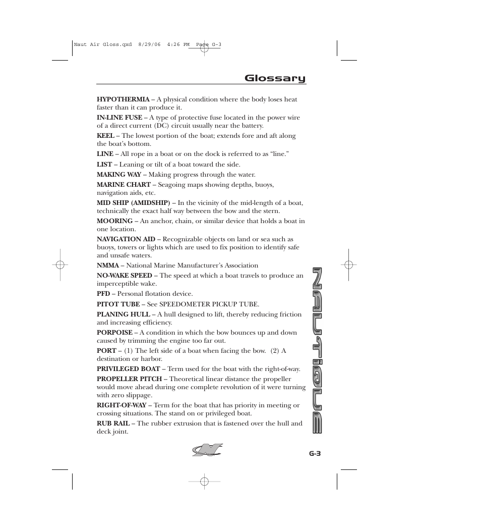 Glossary | Nautique 220 User Manual | Page 188 / 198