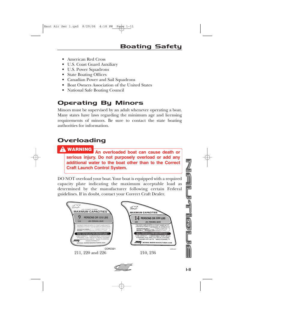 Operating by minors, Overloading, Boating safety | Nautique 220 User Manual | Page 22 / 198