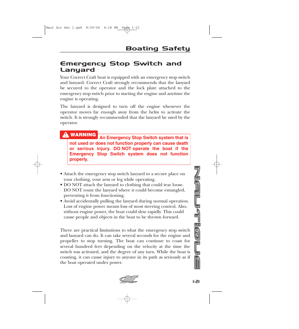 Emergency stop switch and lanyard, Boating safety | Nautique 220 User Manual | Page 32 / 198